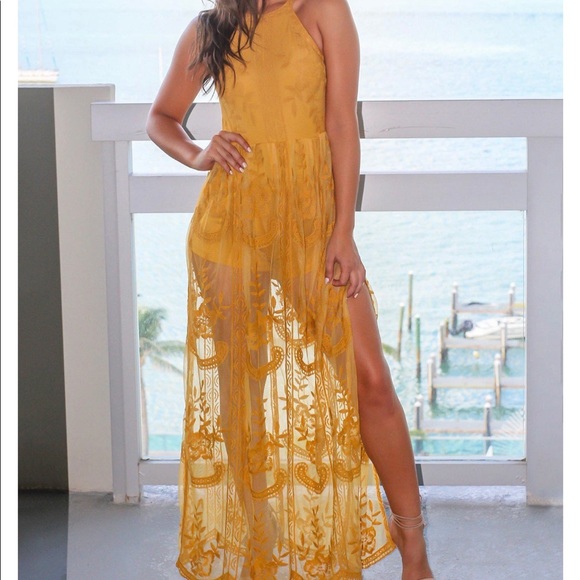 Saved By The Dress Dresses & Skirts - Mustard Halter Neck Lace Maxi Romper